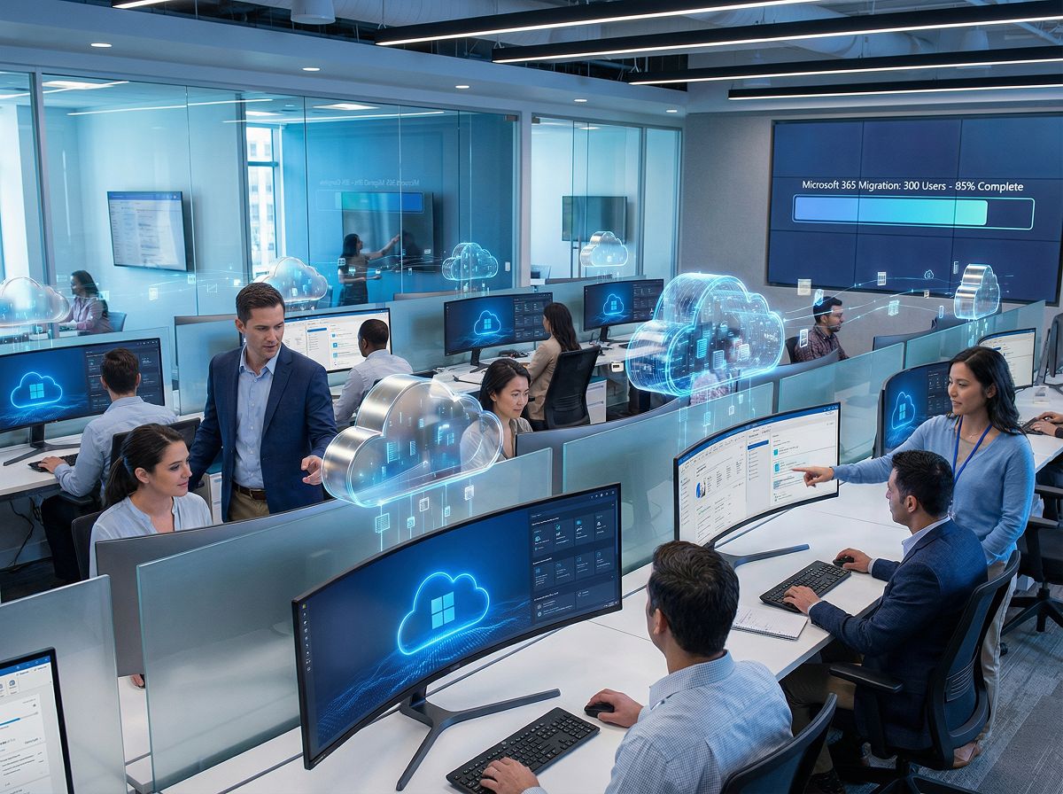 IT professional working on a laptop with cloud infrastructure icons representing a Microsoft 365 migration