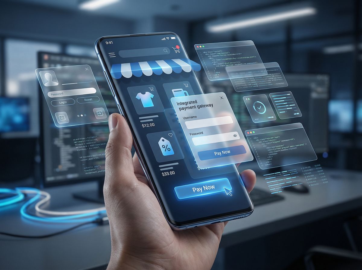 Developer workstation showing a responsive e-commerce website across desktop and mobile screens
